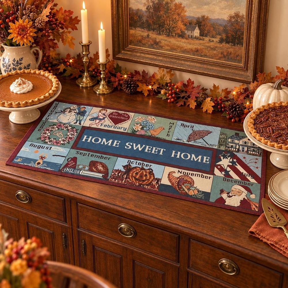 VTG Home Sweet Home Tapestry Table Runner 12 Months All Seasons Holiday Decor